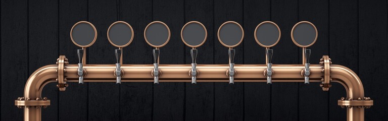 Seven-way craft beer tap. Black wooden slats background.