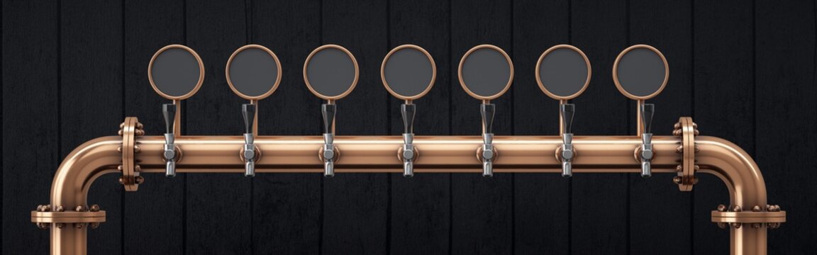 Seven-way craft beer tap. Black wooden slats background.