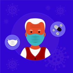 Vector patient with mask and medication on purple background