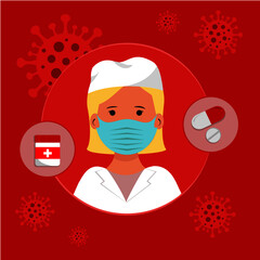 Vector doctor with mask and medication on red covid background