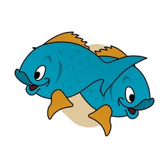 Illustration of Blue Fish with Yellow Fins Opening its Mouth Cartoon, Cute Funny Character, Flat Design