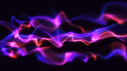 Abstract techy background illustration. Glowing wavy line particles with beautiful bokeh effect. Creative 3d concept