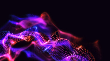 Fototapeta premium Glowing wavy background illustration artwork. Colourful line particles with beautiful bokeh. Digital 3d design concept