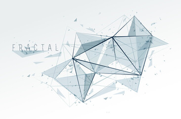 Low poly particles abstract vector background, polygonal fractal design, 3D dimensional element with connected lines, mesh object technology and science theme.