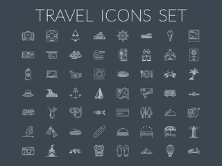 Travel icons set. Summer holidays, vacation and travel objects. Modern infographic vector logo pictogram collection concept. Line style.