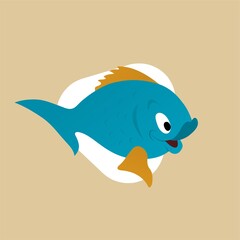 Illustration of Blue Fish with Yellow Fins Opening its Mouth Cartoon, Cute Funny Character, Flat Design