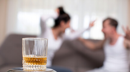 Alcohol addiction. Social problem. Alcoholism. Couple angry. Problem family.
