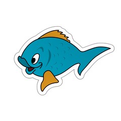 Sticker of Blue Fish with Yellow Fins Opening its Mouth Cartoon, Cute Funny Character, Flat Design