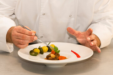Obraz na płótnie Canvas male chef's hands decorating a beef stew plate with parsley using pliers. traditional food concept.