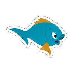 Sticker of Blue Fish with Yellow Fins Opening its Mouth Cartoon, Cute Funny Character, Flat Design
