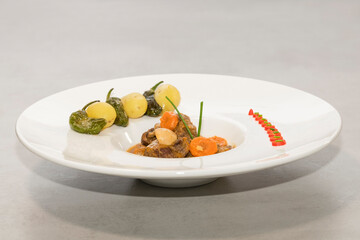 close up of a delicious looking beef stew on a plate with an assortment of vegetables