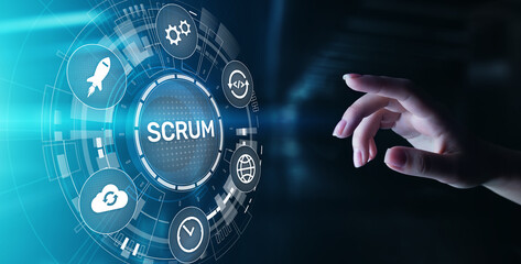 SCRUM, Agile development methodology, programming and application design technology concept on virtual screen.