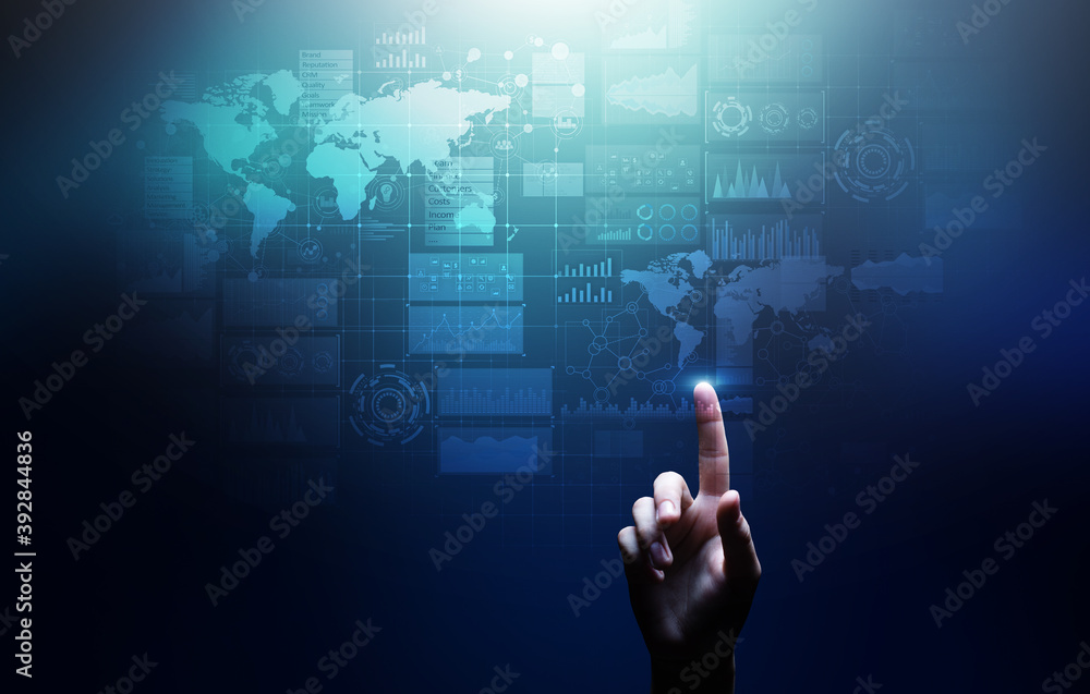 Poster business intelligence dashboard with graph and icons. big data. trading and investment. modern techn