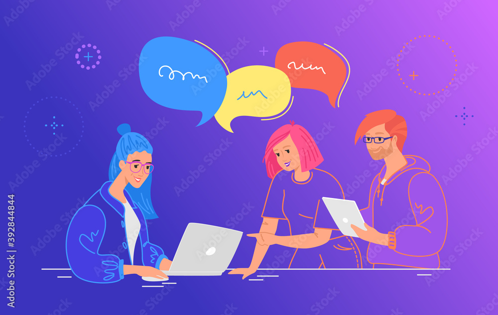 Aufkleber three guys working as team and talking with speech bubbles. flat line vector illustration of people 