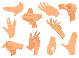 Obraz premium Hands gestures.Vector illustration set hands in different interpretations, showing signal, emotions or signs. Flat design modern concept