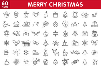 Set of 60 Christmas icons. Merry Christmas and Happy New Year. Collection xmas icons. Winter, santa, tree, presents, snowflakes, holiday. Vector illustration.