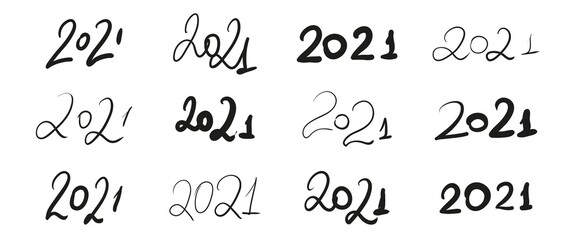 Collection of sketch hand drawn lettering number 2021 