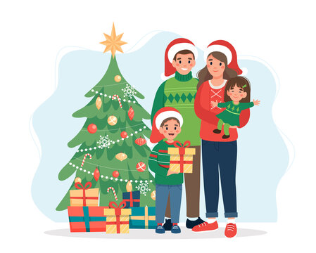 Happy family with christmas tree. Cute illustration in flat style