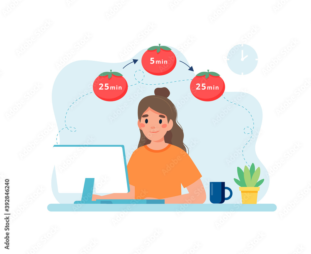 Aufkleber woman working with computer using time management. pomodoro technique concept