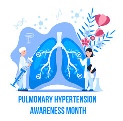 Pulmonary Hypertension awareness month is celebrated in November. Pulmonary fibrosis, tuberculosis illustration for website, app, banner. Tiny doctors treat
