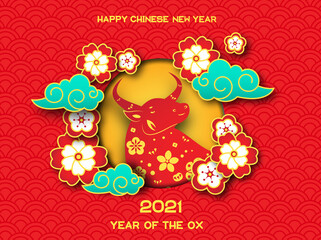 2021 Ox year. Chinese new year festive banner in paper style. Bull, flowers and clouds in oriental design. Lunar celebration background