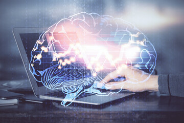 Man typing on keyboard background with brain hologram. Concept of big Data. Double exposure.