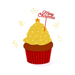 Flat vector cartoon illustration of a Christmas cake, with cream in the shape of a Christmas tree with a star and a skewer with the inscription marry Christmas