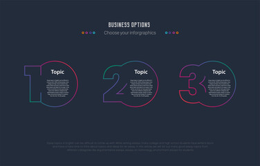 3 Topics of Infographic finance and educations template,  Infographic design for Business workflow with dark background, Infographic template. Thin line design with numbers 3 options or steps.