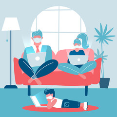 Whole family working on laptops sitting on a sofa. Husband and wife work remotely. Child lying on the floor studying remotely. Trendy home interior. Gadget addiction. Flat  illustration
