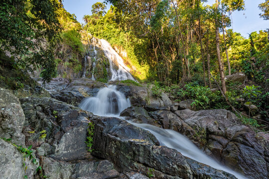 horizontal photo, famous tropical waterfall Namuang during the rainy season on koh samui island in thailand, fresh water in the jungle