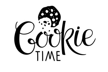 Cookies time lettering isolated on white. Text with hand drawn sketch element. Typography poster for Kitchen art, t-shirt design, card, menu. Hand written brush calligraphy quote. Bakery product logo.