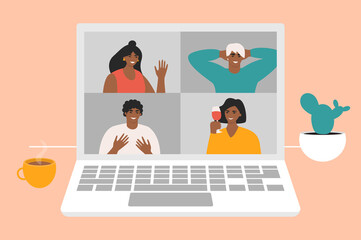 Group of friends having a video call. People communicating at online video conference. People chatting via Internet. Team on a remote meeting. Flat vector illustration