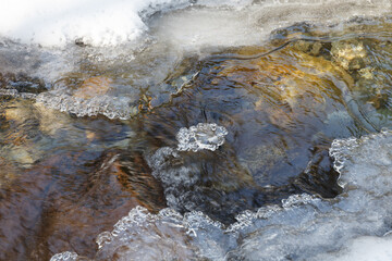 Warren falls - frozen creek under ice and snow with rocky shores. Sunny winter day