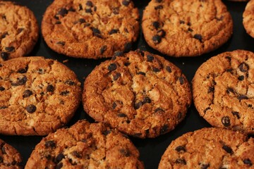 Delicious oatmeal cookies with chocolate on the table