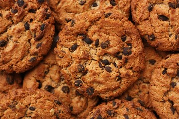 Delicious oatmeal cookies with chocolate on the table