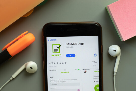 New York, United States - 7 November 2020: BARMER-app app store logo on phone screen, Illustrative Editorial
