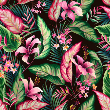 seamless floral patterm with hibiscus and tropical leaves on dark background