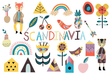 Scandinavian cute design nature elements and animals. Flowers, birds, geometric figures, abstract vector elements. 