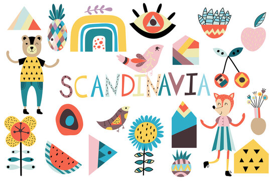 Scandinavian cute design nature elements and animals. Flowers, birds, geometric figures, abstract vector elements. 