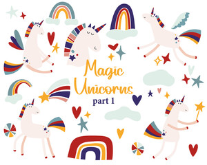Unicorn and Rainbow Clipart. Set of cute unicorns, rainbows, celestial elements. Hand drawn retro vector illustrations.