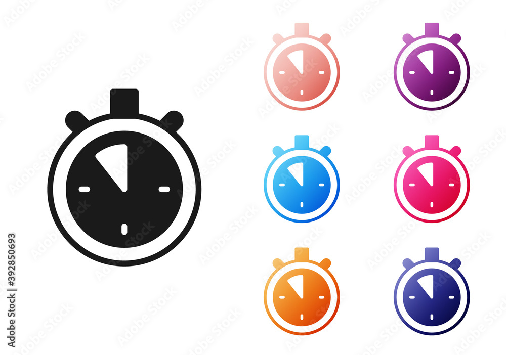Poster black stopwatch icon isolated on white background. time timer sign. chronometer sign. set icons colo