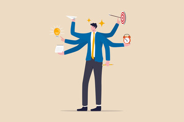 Work productivity and efficiency, business idea, multitasking and project management concept, smart businessman with multi hands with productive tools calendar, alarm clock, pencil, target arrow, bulb