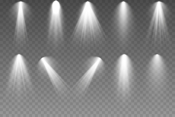 Vector spotlight set. Bright light beam. The spotlight shines on the stage. light exclusive use lens flash light effect.