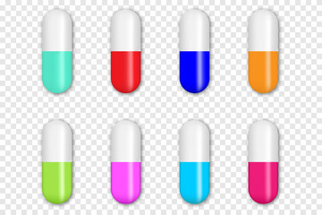 Capsules in 8 different colors. Realistic pills. Medicine tablets round vitamins and capsule drugs. Vector illustration EPS10