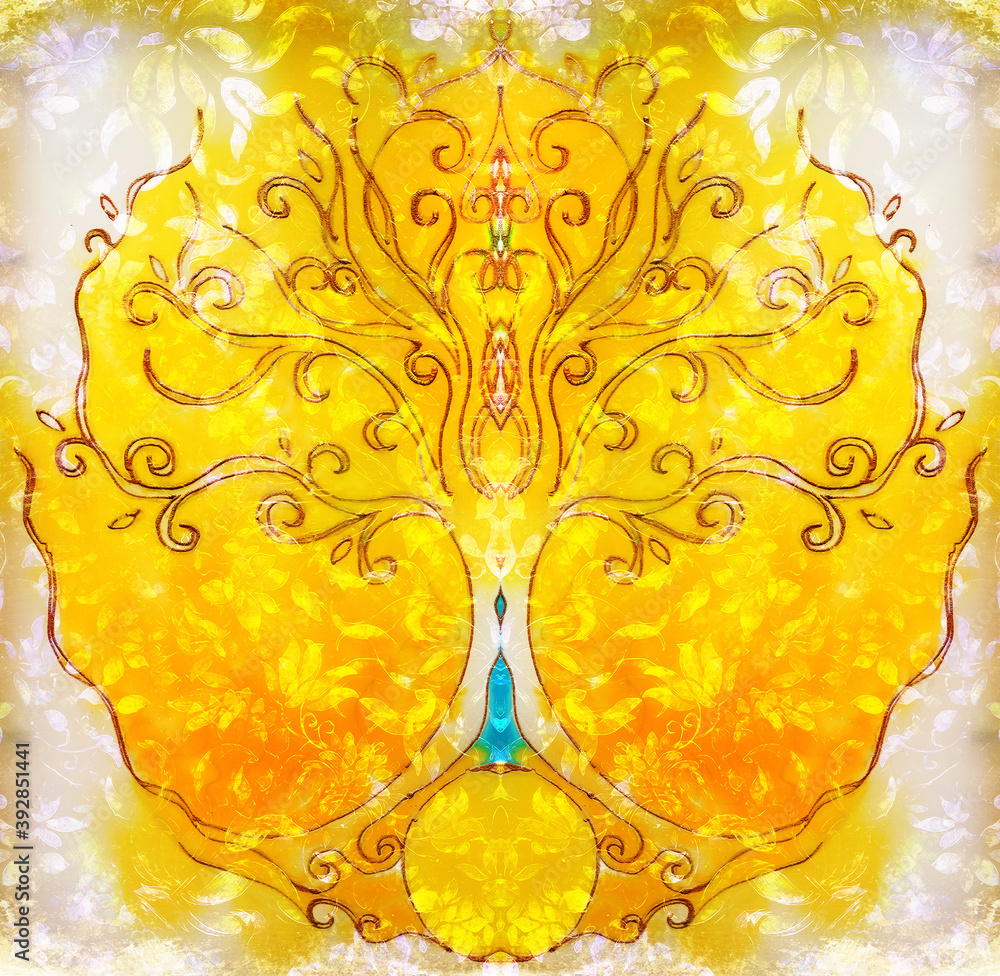 Poster tree of life symbol on structured ornamental background, yggdrasil.