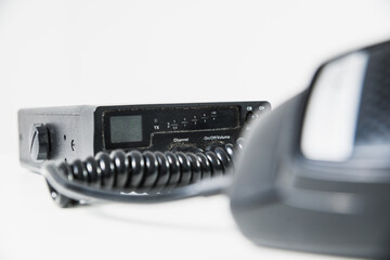 Black CB radio. Radio wave communication concept. Provision of information via walkie-talkies, remote radio.