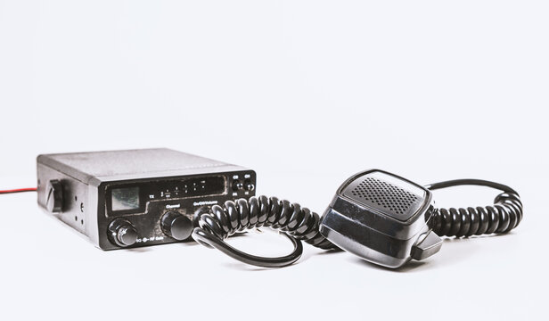 Black CB radio. Radio wave communication concept. Provision of information via walkie-talkies, remote radio.