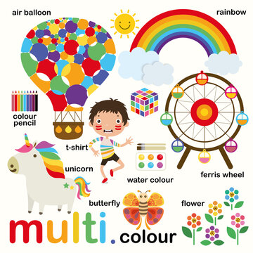 Learn multi-colors, Educate color and vocabulary set, Illustration of primary colors, Vector illustration