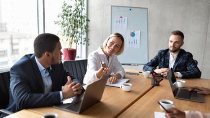 Business People Talking Working Sitting At Desk In Office, Panorama
