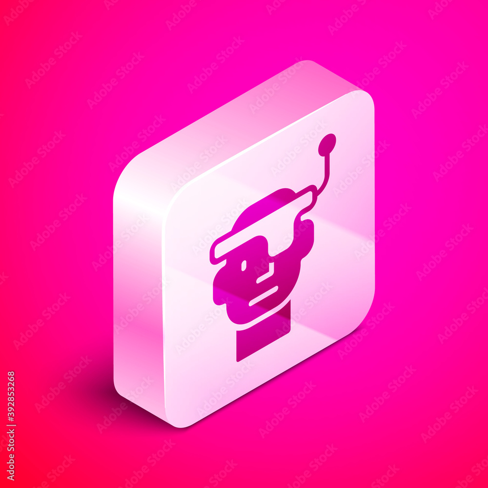 Poster isometric smart glasses mounted on spectacles icon isolated on pink background. wearable electronics